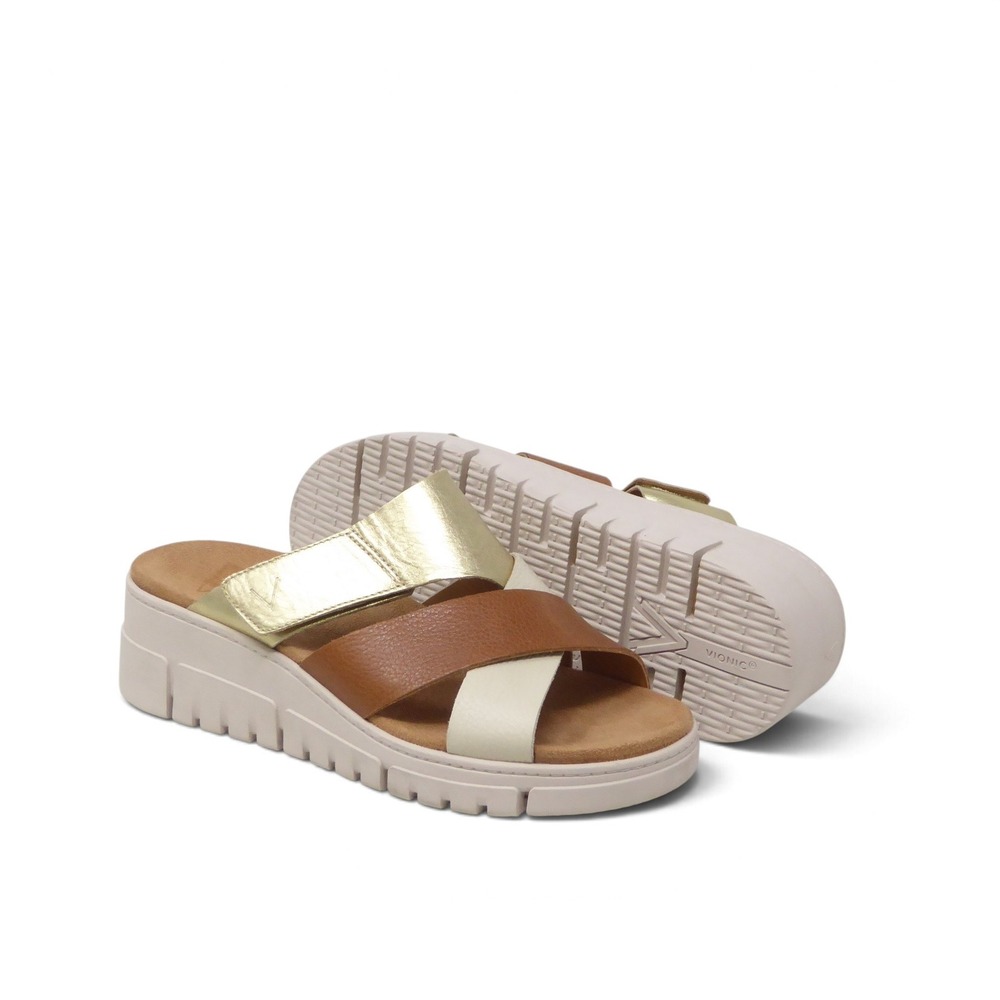 NEW Vionic Womens Uptown Sunset Sandals Tan Gold Brown Leather Slides 10